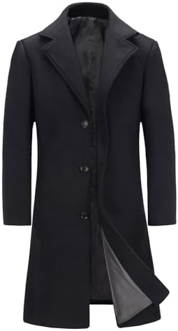Uillui Mens Casual Trench Coat Wool Blend Slim Fit 3/4 Length Top